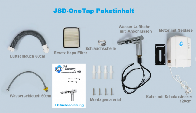 JSD-Händetrockner OneTAp Wasserhahn inkl. Händetrockner Paketinhalt