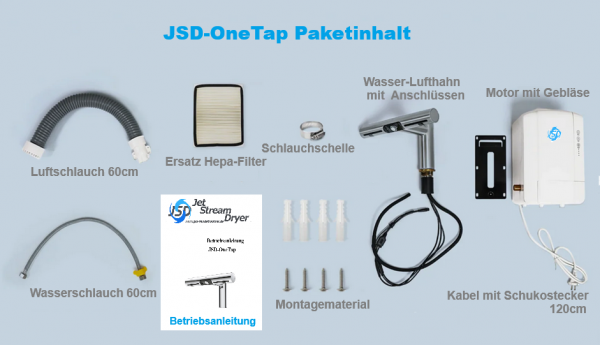 JSD-Händetrockner OneTAp Wasserhahn inkl. Händetrockner Paketinhalt